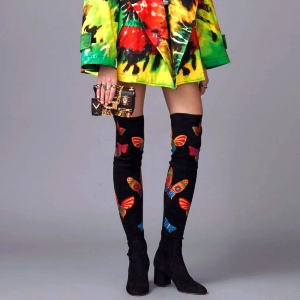 CLOSING CLOSET Valentino Metallic Butterfly Suede Knee High Boots